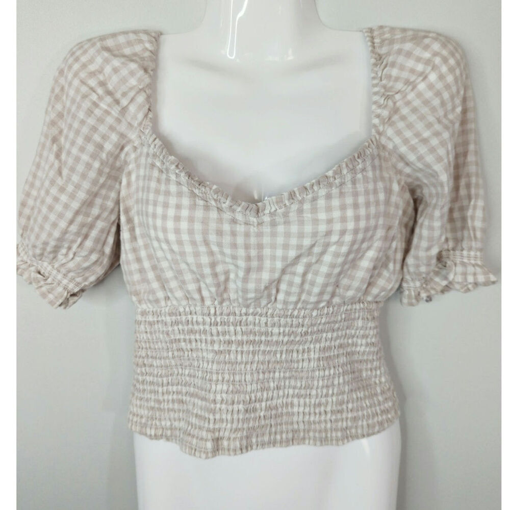 Abercrombie & Fitch Pink‎ Plaid Smocked Hem Cropped Milkmaid Top Women's Medium